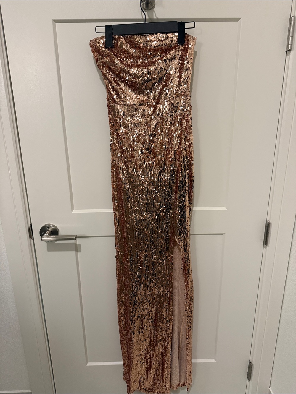 Fashion Nova Rose Gold Sequin Strapless Gown with Thigh Slit